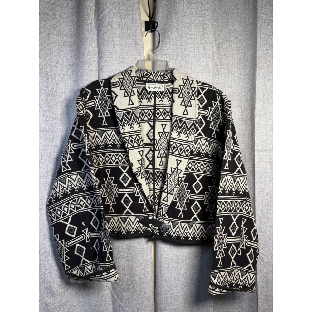 Flashback Womens Black White Southwestern Geometric Woven Cropped Jacket Medium